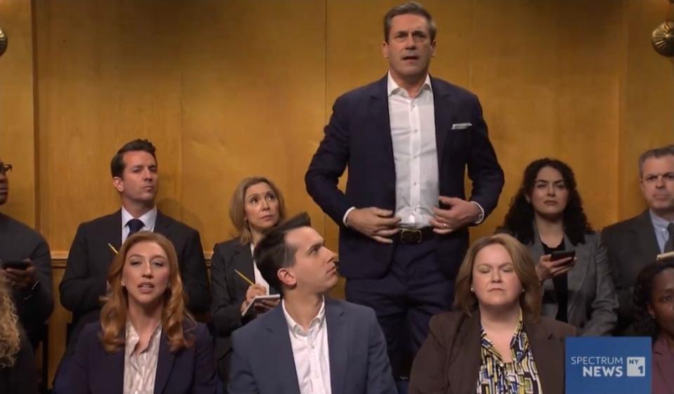 Actor Jon Hamm made a surprise cameo toward the end of the skit asking if an actor like “Jon Hamm” would have to worry about being punched. X/SNL