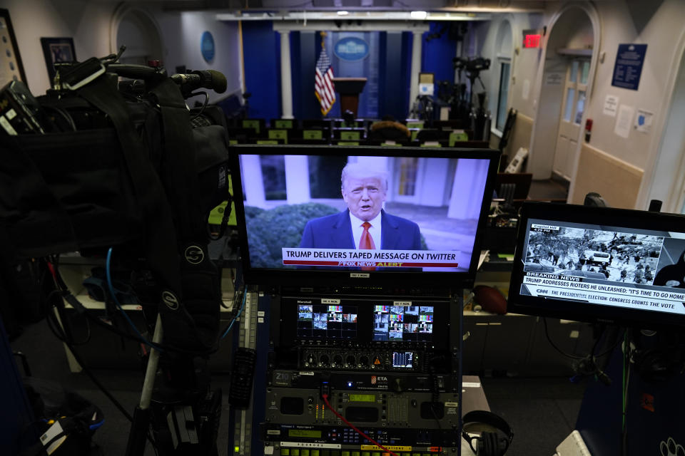 FILE - In a pre-recorded video message, President Donald Trump delivers a statement after rioters stormed the Capitol building during the electoral college certification of Joe Biden as President, Jan. 6, 2021, in Washington. Members of the House committee investigating the events of Jan. 6 will hold their first prime time hearing Thursday, Jan. 9, to share what they have uncovered about former President Trump’s efforts to overturn the results of the 2020 election, culminating in the deadly storming of the Capitol building. (AP Photo/Evan Vucci, File)