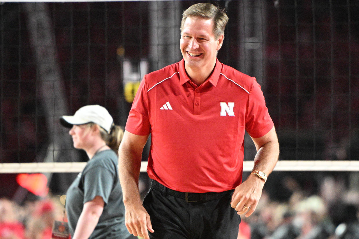 LINCOLN, NEBRASKA - AUGUST 30: Athletic director Trev Alberts laughs after the match against the Omaha Mavericks at Memorial Stadium on August 30, 2023 in Lincoln, Nebraska. (Photo by Steven Branscombe/Getty Images)
