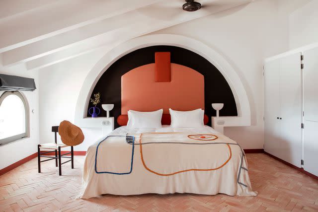 <p>Karel Balas/Courtesy of Menorca Experimental</p> Bedding at Menorca Experimental is by the Marrakesh design studio LRNCE.