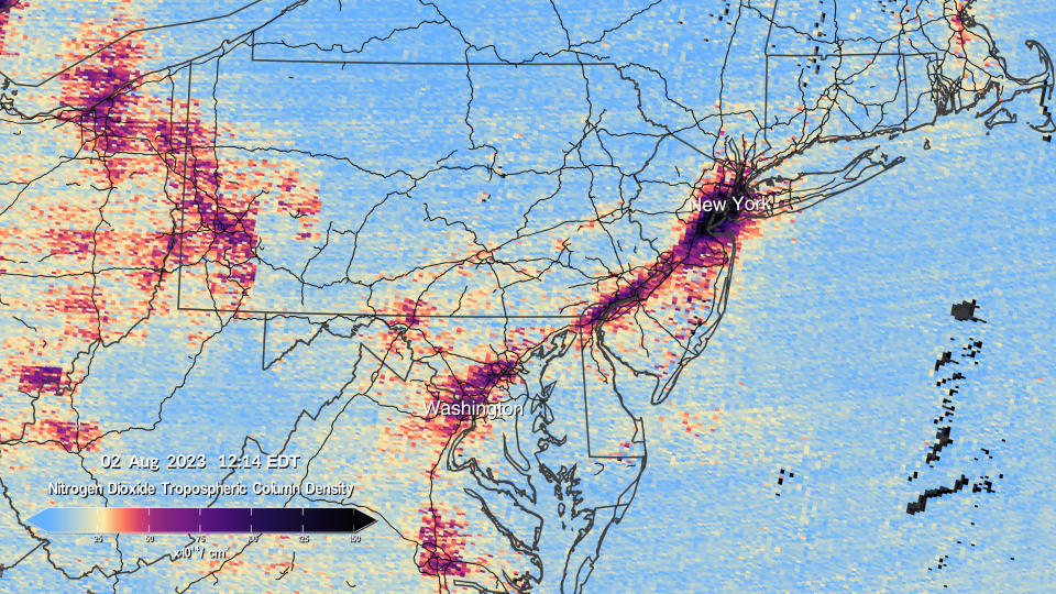 This image shows nitrogen dioxide over New York City, Philadelphia and Washington D.C., just after 12 p.m. ET on Aug. 2, 2023. / Credit: NASA