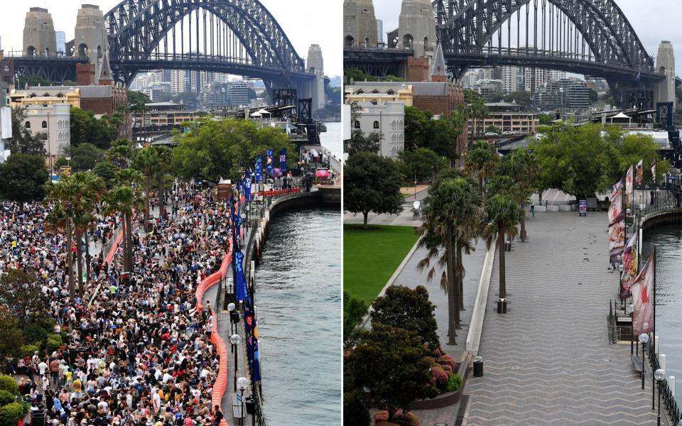 An image compares the crowd size at Sydney's Circular Quay on New Year's Eve of 31 December 2019 (L) and of 31 December 2020, in Sydney - DAN HIMBRECHTS/DEAN LEWINS/EPA-EFE/Shutterstock /Shutterstock