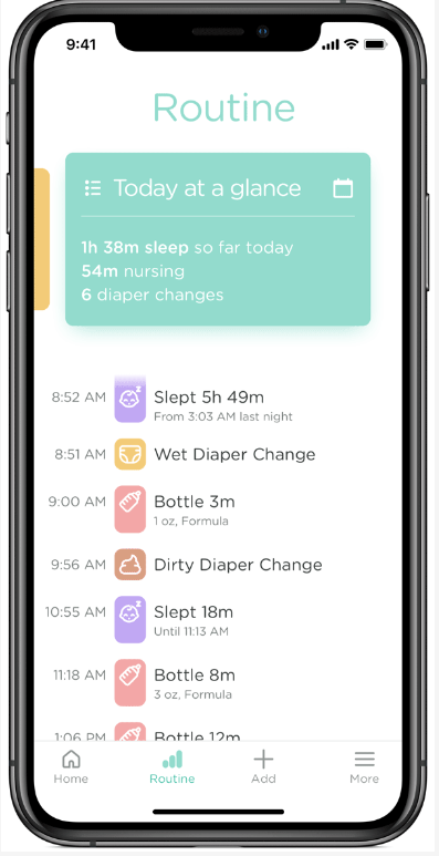 Pamper's Lumi app includes features that let parents track sleep, feeding and diaper changes. One of the features shows 'Today at a glance,' which provides a timeline for each day.