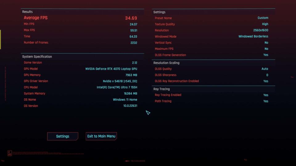 Alienware m16 R2 gaming laptop Cyberpunk benchmark custom settings.