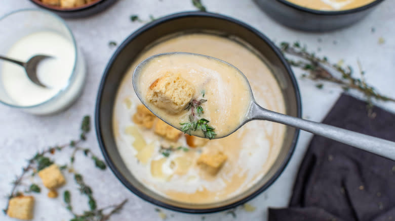 creamy roasted garlic soup close up