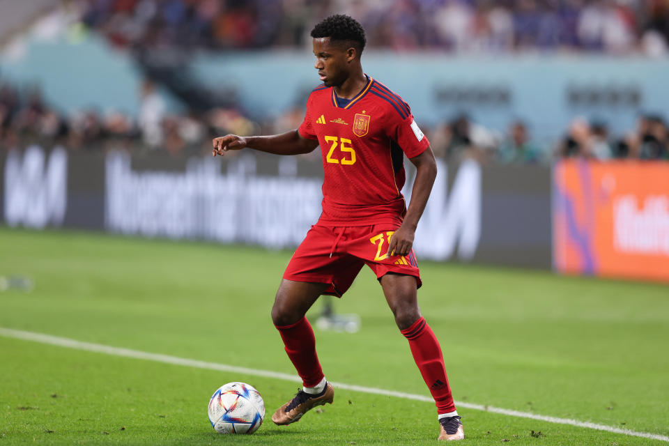 DOHA, QATAR - DECEMBER 01: Ansu Fati of Spain during the FIFA World Cup Qatar 2022 Group E match between Japan and Spain at Khalifa International Stadium on December 01, 2022 in Doha, Qatar. (Photo by Alex Livesey - Danehouse/Getty Images)