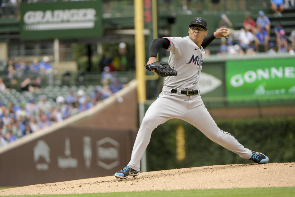 Miami Marlins starting pitcher Jesus Luzardo throws against the Chicago Cubs during the first inning of a baseball game, Sunday, Aug. 7, 2022, at Wrigley Field in Chicago. (AP Photo/Mark Black)