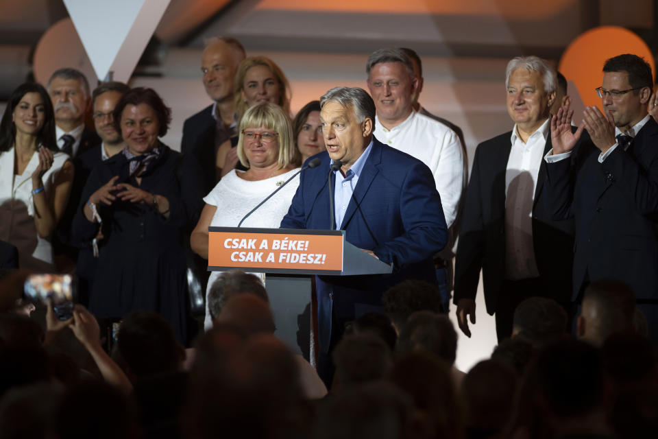 FILE - Hungarian Prime Minister Viktor Orban addresses the media after receiving the results of the European Parliamentary elections in Budapest, Hungary, early Monday, June 10, 2024. After France’s far-right National Rally surged into the lead in the first round of legislative elections, some European neighbors are warily eyeing the latest country on the continent to veer to the right. (AP Photo/Denes Erdos, File)