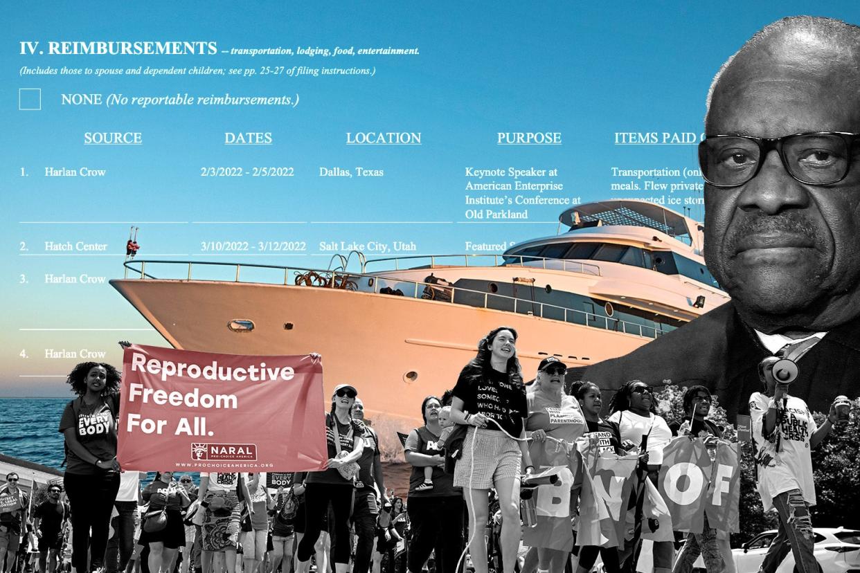 Clarence Thomas overlooking a mega-yacht, with the text of his disclosure forms in the background, and pro-Roe protesters in front.