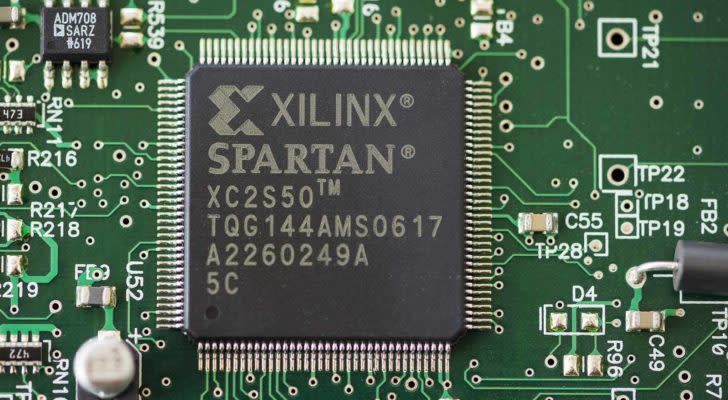 A close-up shot of a Xilinx (XLNX) Spartan micrprocessor.