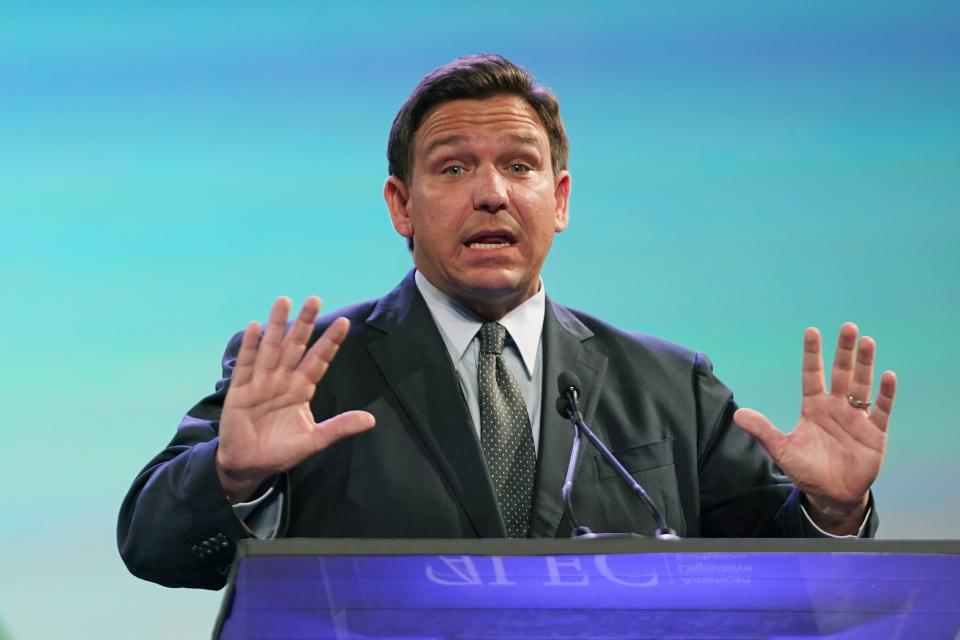 Florida Gov. Ron DeSantis speaks during the American Legislative Exchange Council Wednesday, July 28, 2021, in Salt Lake City. (AP Photo/Rick Bowmer)