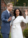 <p>Here’s a better look at her coat, which she wore over a green dress by P.A.R.O.S.H. Markle is a fan of Line the Label, which describes itself as “effortless understated luxury,” and wore one of the company’s trenches earlier. Of course, there’s now speculation about who she will have design her wedding dress. Meghan has said that her favorite celebrity wedding dress of all time was <a rel="nofollow noopener" href="https://www.glamour.com/story/suits-wedding-dress-rachel-zane" target="_blank" data-ylk="slk:Carolyn Bessette Kennedy’s Narciso Rodriguez slip dress;elm:context_link;itc:0;sec:content-canvas" class="link ">Carolyn Bessette Kennedy’s Narciso Rodriguez slip dress</a>. She called it “everything goals.” (Photo: Getty Images) </p>