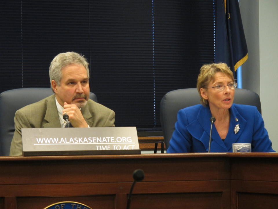 Sen. Cathy Giessel, R-Anchorage, answers a reporter's question during a news conference by members of the Senate majority on Tuesday, Feb. 19, 2013, in Juneau, Alaska. Next to Giessel is Sen. Pete Kelly, R-Fairbanks. (AP Photo/Becky Bohrer)