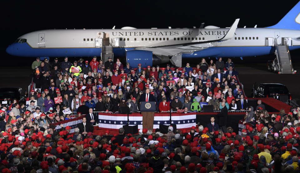 President Donald Trump speaks at a rally at Central Wisconsin Airport in Mosinee, Wis., Wednesday, Oct. 24, 2018. (AP Photo/Susan Walsh)
