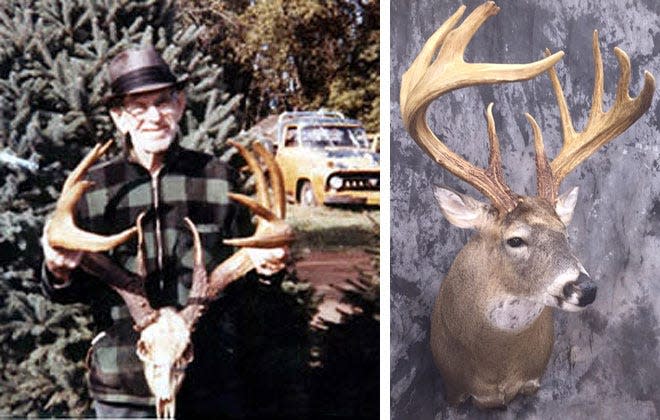 These photos, provided by the Burnett County Historical Society, show James Jordan with the original buck rack and a replica mount.