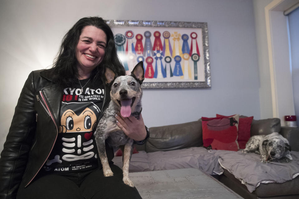 In this Thursday, Jan. 31, 2019, photo Lisa Topol poses for a photo with her two rescue dogs, Schmutzy, right, and Plop, in New York. Topol recently had the DNA tested for both dogs. Genetic testing for dogs has grown rapidly in recent years, fueled by companies marketing kits that offer to decode dogs’ heritage and health as simply, or laboriously, as owners can swab a canine cheek. More than a million dogs have been tested in little over a decade. (AP Photo/Mary Altaffer)