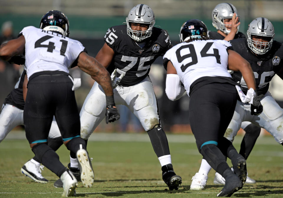 Dec 15, 2019; Oakland, CA, USA; Oakland Raiders offensive tackle Brandon Parker (75) lines up to the line of scrimmage against the <a class="link " href="https://sports.yahoo.com/nfl/teams/jacksonville/" data-i13n="sec:content-canvas;subsec:anchor_text;elm:context_link" data-ylk="slk:Jacksonville Jaguars;sec:content-canvas;subsec:anchor_text;elm:context_link;itc:0">Jacksonville Jaguars</a> during the Raiders final game at the Oakland-Alameda Coliseum before relocating to Las Vegas for the 2020 season. Mandatory Credit: Kirby Lee-USA TODAY Sports