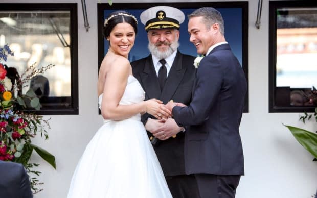 Miranda Rae Mayo as Stella Kidd and Taylor Kinney as Kelly Severide in their "Chicago Fire" wedding scene<p>Adrian S. Burrows Sr./NBC</p>