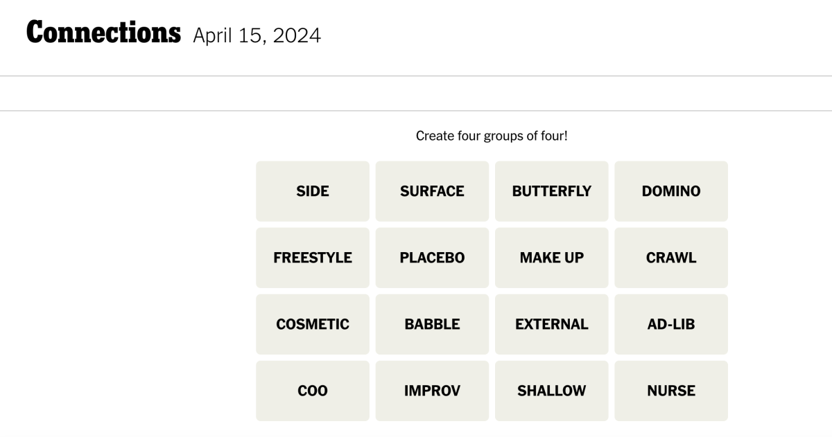 <em>Today's NYT Connections puzzle for Monday, April 15</em><em>, 2024</em><p>New York Times</p>