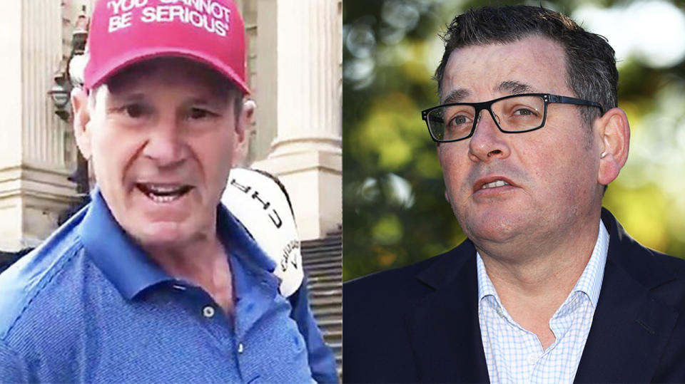 Victorian Premier Andrews (pictured right) speaking to the media and Sam Newman (pictured left) getting angry about golf ban.