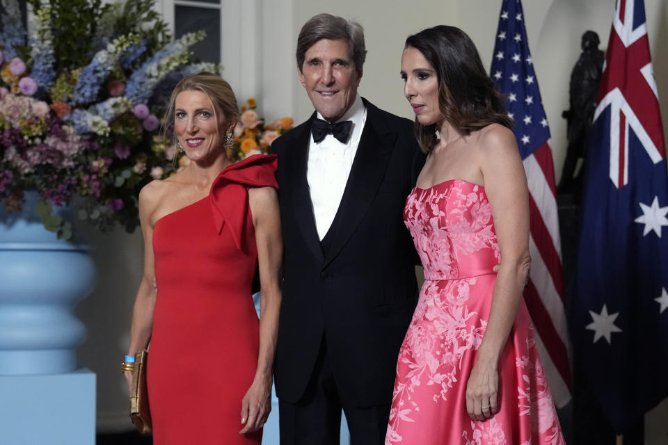 John Kerry, U.S. Special Presidential Envoy for Climate, Dr. Vanessa Kerry & Alexandra Kerry, arrive for the State Dinner hosted by President Joe Biden and first lady Jill Biden in honor of Australian Prime Minister Anthony Albanese, at the White House in Washington, Wednesday, Oct. 25, 2023, in Washington. (AP Photo/Manuel Balce Ceneta)