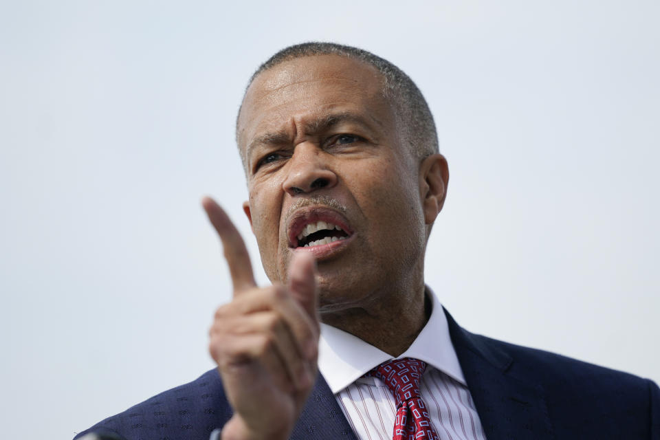 James Craig, a former Detroit Police Chief, announces he is a Republican candidate for Governor of Michigan in Detroit, Tuesday, Sept. 14, 2021. (AP Photo/Paul Sancya)