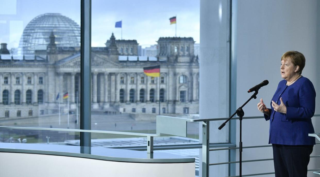 <span class="caption">Germany has succeeded in fighting the coronavirus in part by combing strong national leadership with regional autonomy.</span> <span class="attribution"><span class="source">John MacDougal/POOL via AP</span></span>