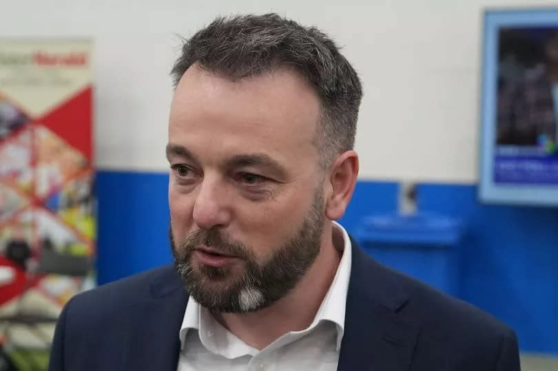 SDLP leader Colm Eastwood arrives at Meadowbank Sports Arena, Magherafelt, during the count for the 2024 General Election