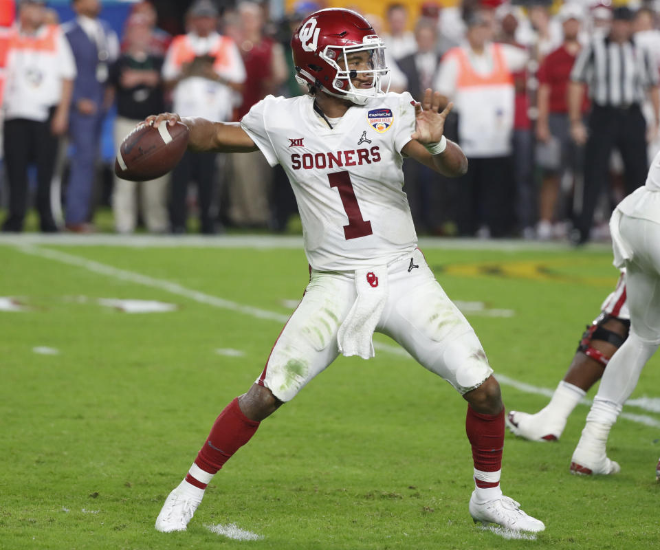 Oklahoma quarterback Kyler Murray (1) in the Orange Bowl NCAA college football game against Alabama. (AP Photo)