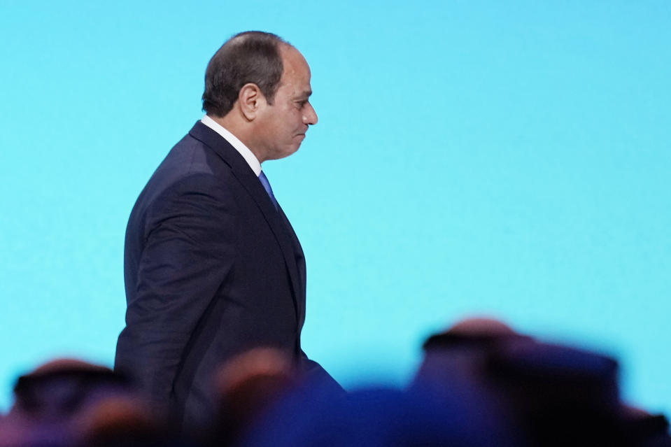 Egyptian President Abdel Fattah el-Sissi leaves the podium after his speech during the World Government Summit opening day in Dubai, United Arab Emirates, Monday, Feb 13, 2023. El-Sissi offered effusive praise Monday for the United Arab Emirates, seeking to repair a rift between Cairo and the Gulf Arab states that have supplied billions of dollars in aid to his nation. (AP Photo/Kamran Jebreili)