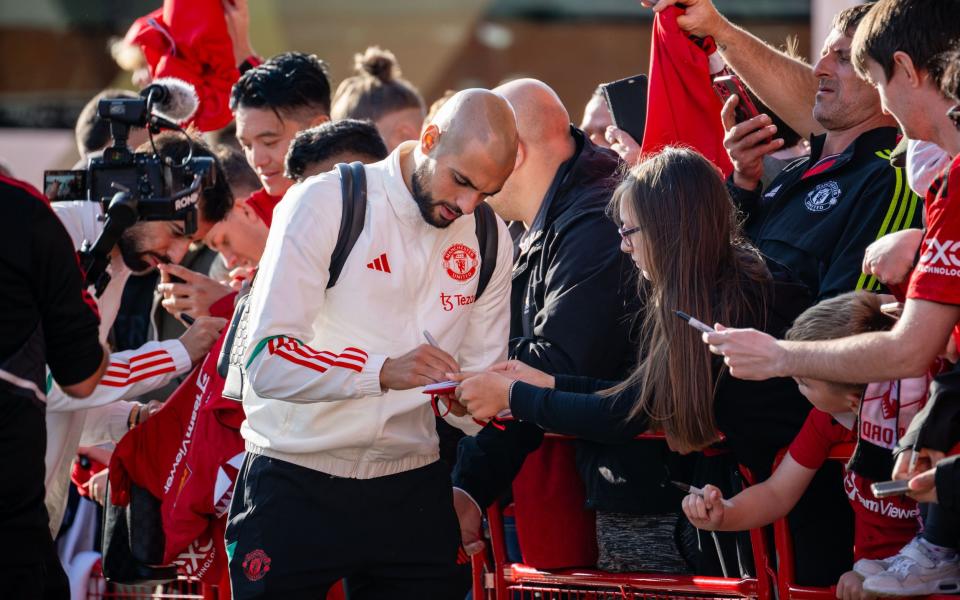 Sofyan Amrabat of Manchester United arrives ahead of the Carabao Cup Third Round match