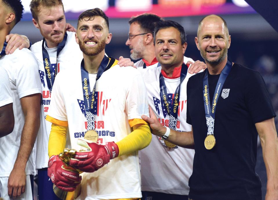 USMNT goalkeeper Matt Turner and Berhalter celebrate their extra-time victory over Mexico in the CONCACAF Gold Cup final in 2021.