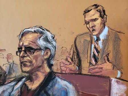 Assiistant U.S. Attorney Alex Rossmiller speaks as Jeffrey Epstein looks on during a a bail hearing in U.S. financier Jeffrey Epstein's sex trafficking case, in this court sketch in New York