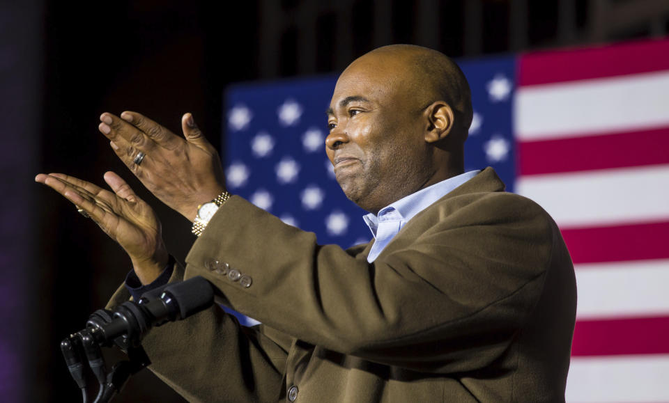 CORRECTS SPELLING OF FIRST NAME TO JAIME, INSTEAD OF JAMIE - Democratic Senate candidate Jaime Harrison thanks his supporters at an election watch party in Columbia, S.C., after losing the Senate race to incumbent Lindsey Graham, Tuesday, Nov. 3, 2020. (Jeff Blake/The State via AP)