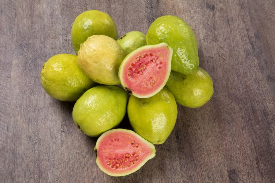<p>This tasty tropical treat is a vitamin C powerhouse, serving up over 200 percent of the recommended daily intake in just one fruit. </p><p>Never purchased guava before? A ripe fruit has a flowery fragrance and gives a bit when you touch it. As for it’s appearance, it should have a pale green to light yellow rind.</p>