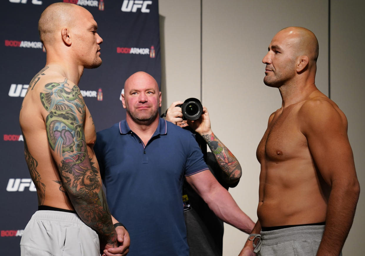 JACKSONVILLE, FLORIDA - MAY 12: (L-R) Opponents Anthony Smith and Glover Teixeira of Brazil face off during the official UFC Fight Night weigh-in on May 12, 2020 in Jacksonville, Florida. (Photo by Cooper Neill/Zuffa LLC via Getty Images)