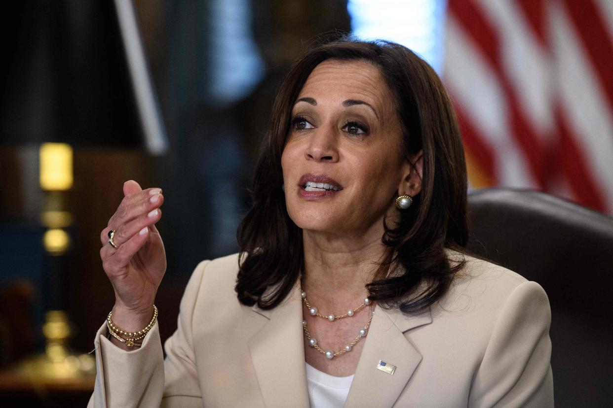Vice President Kamala Harris met with a group of election workers on 21 July following Republican laws targeting their work and a rise in threats against them. (AFP via Getty Images)