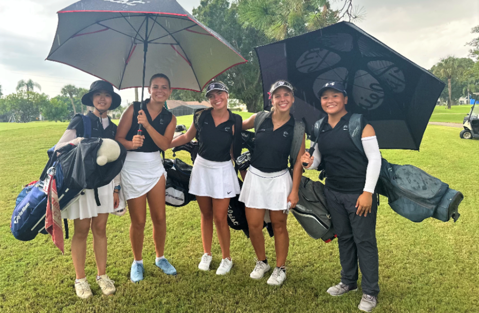Jensen Beach's girls golf team brought home the championship at the Crutchfield-Hawkins Invitational in a playoff over Archbishop McCarthy on Monday, Sept. 18, 2023 in Sebring. The Falcon lineup consisted of seniors Chloe Sebuck, Faith Ayers and Kayla Rigel and sophomores Anita Wang and Claire Liu.