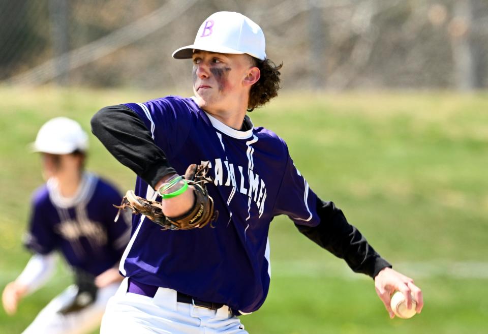 Bourne starter Damon White winds up to deliver against Wareham. He shut them out in a 10-0 win.
(Credit: Ron Schloerb/Cape Cod Times)