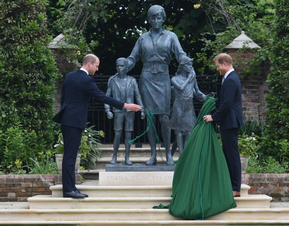 The Duke of Cambridge and Duke of Sussex unveiling a statue they commissioned of their mother Diana (Dominic Lipinski/PA) (PA Wire)