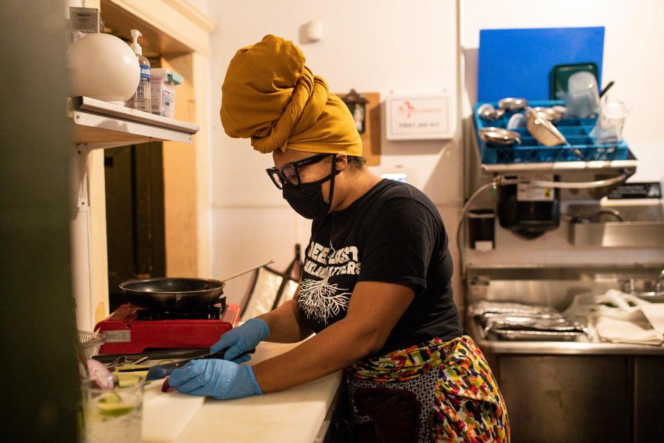 Josmine Evans of Indigo Culinary prepares a dish at Two Birds in Detroit's west village neighborhood on January 27, 2023.