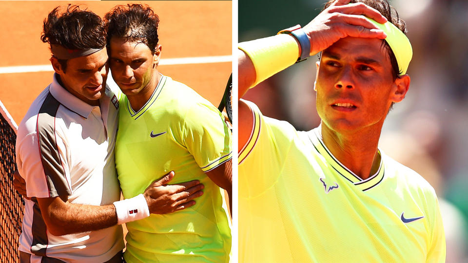 Roger Federer and Rafa Nadal embrace at the net and Nadal takes off his headband.