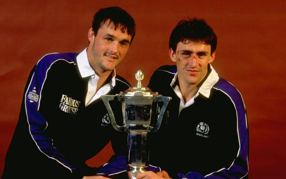 John and Martin Leslie with the trophy as Scotland are crowned Five Nations Champions at Murrayfield in Edinburgh, Scotland