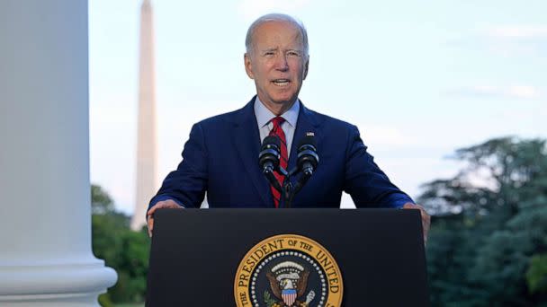 PHOTO: President Joe Biden speaks from the Blue Room Balcony as he announces that a U.S. airstrike killed al-Qaida leader Ayman al-Zawahri in Afghanistan, in Washington, Aug. 1, 2022. (Jim Watson/AP)