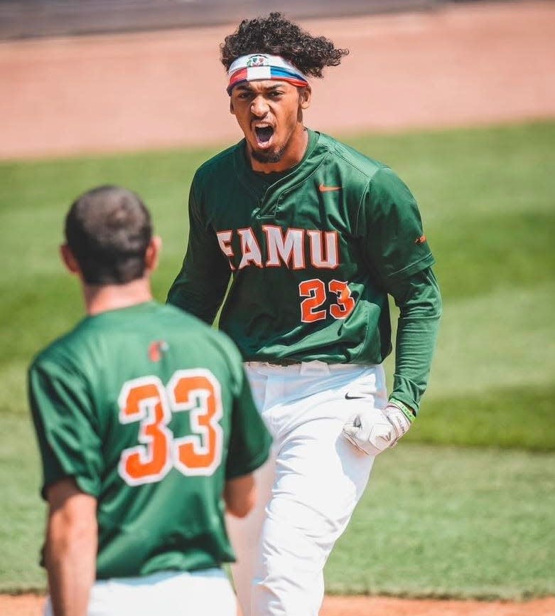 Florida A&M baseball outfielder Janmikell Bastardo (23) celebrates a homerun during the SWAC Tournament Opening Round against Texas Southern at Georgia Tech's Russ Chandler Stadium in Atlanta, Georgia, Wednesday, May 24, 2023