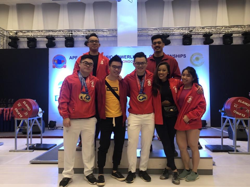 Singapore national powerlifters at the Asian Classic championships in Mongolia: (front row, from left) Matthias Yap, Marcus Yap, Matthew Yap, Farhanna Farid, Venus Tang. (back row, from left) Yeong Qing Quan, James Barcelo. (PHOTO: Matthias Yap)