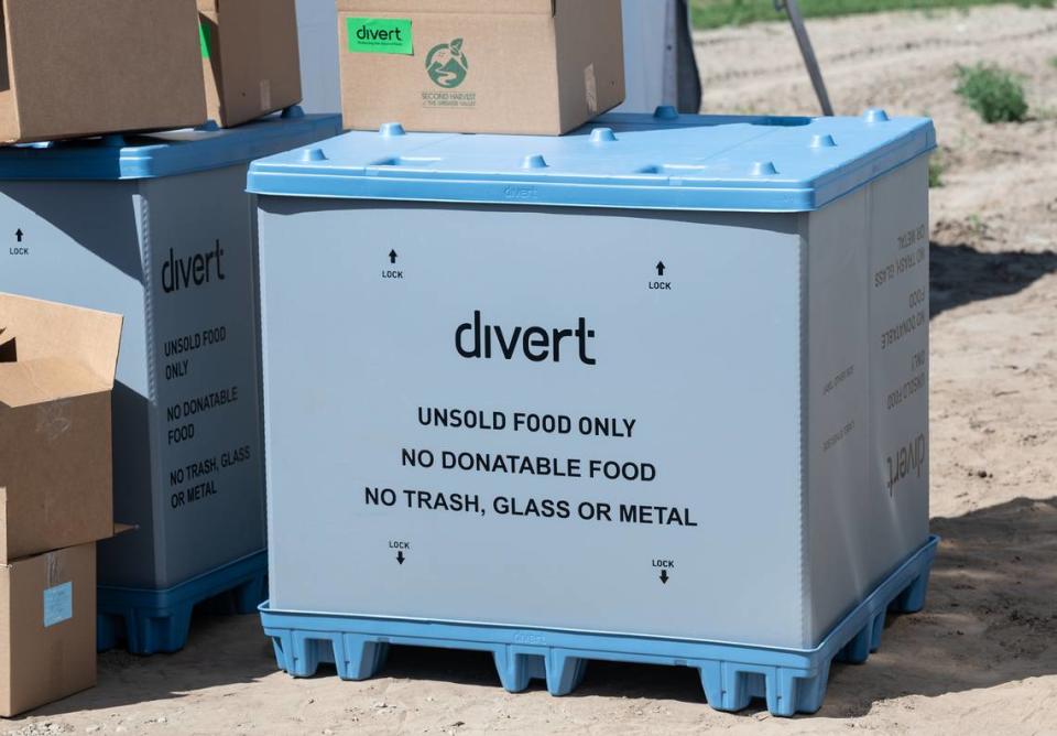 Boxes used by Divert in their food waste recovery operation. The company broke ground for a new facility on West Main Street and Washington Road in Turlock, Calif., Wednesday, April 26, 2023.