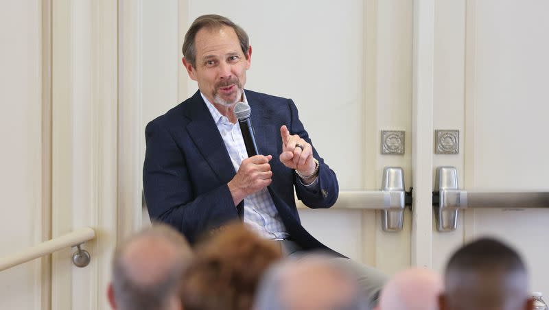 Rep. John Curtis, R-Utah, speaks during a Utah Aerospace and Defense Association meeting at the Kem C. Gardner Institute in Salt Lake City on Friday, June 2, 2023.