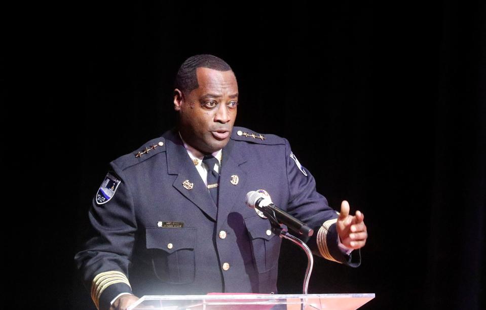  Savannah Police Department assistant chief DeVonn Adams offers remarks during the official swearing in of chief Lenny Gunther on Tuesday January 10, 2023 at the Savannah Cultural Arts Center.