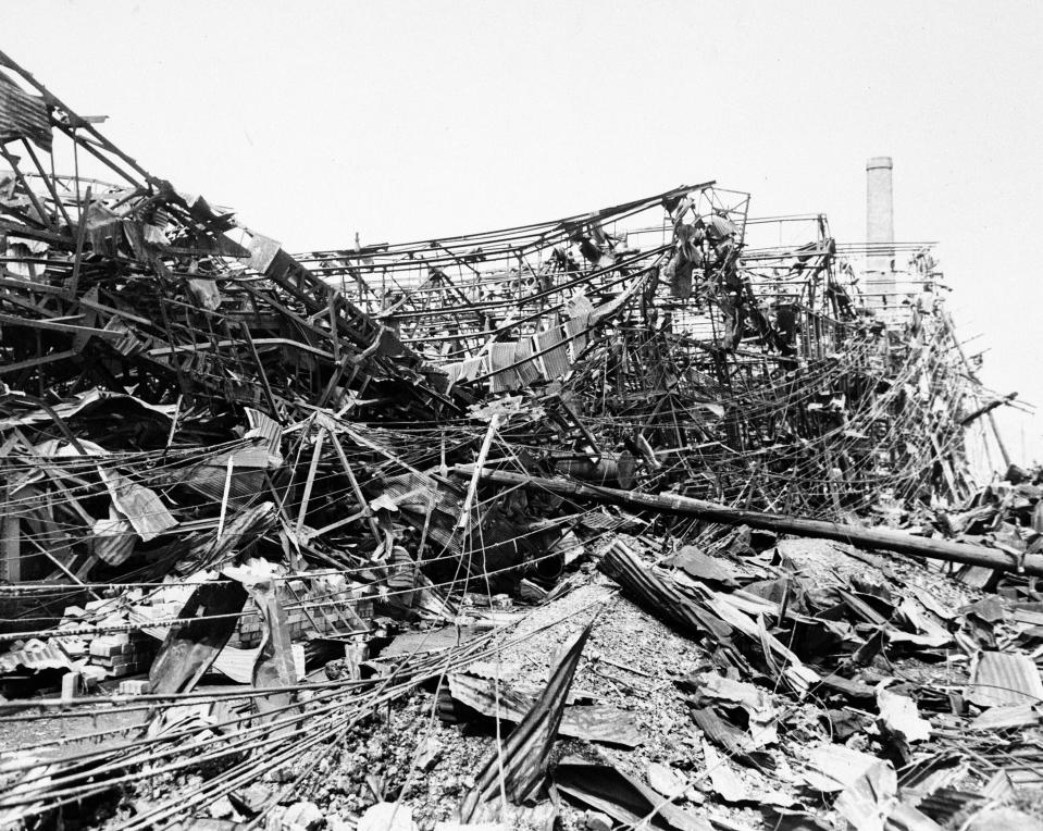 FILE - In this Sept. 14, 1945, file photo, all that is left of the Mitsubishi weapons factory is a sagging, skeletal hulk over a month after atomic attack of Aug. 9. The city of Nagasaki in southern Japan marks the 75th anniversary of the U.S. atomic bombing of Aug. 9, 1945. It was a second nuclear bomb dropped by the U.S. three days after it made the world’s first atomic attack on Hiroshima. (AP Photo, File)